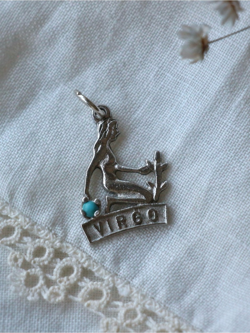1950-70's Sterling Silver Virgo Zodiac Turquoise Charm